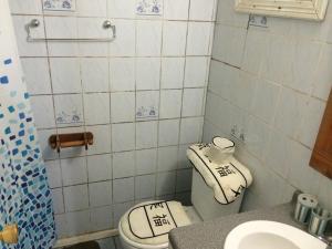 a small bathroom with a toilet and a sink at Cabaña Ruca Quimey in Villarrica +92 photos