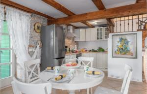 kuchnia z białym stołem i krzesłami oraz lodówką w obiekcie Pet Friendly Home In Vosteni With Outdoor Swimming Pool w mieście Vošteni