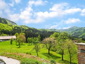 a green field with trees and mountains in the background at Loft like apartment in Scheibbs with swimming pond in Scheibbs