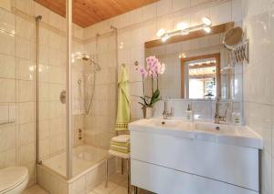 ein Badezimmer mit Waschbecken, Dusche und Toilette in der Unterkunft Ferienwohnung Am Panoramaweg in Bodenmais + 6 Fotos