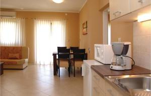 a kitchen with a counter with a microwave and a table at Amazing Apartment In Porec With Wifi in Poreč