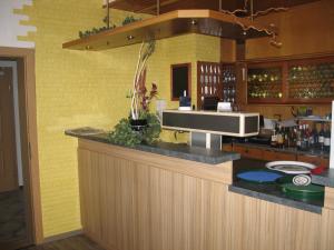 eine Küche mit Theke und Mikrowelle in der Unterkunft Gasthof-Pension Leupold in Selbitz