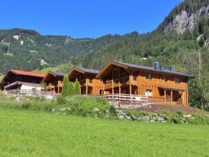 a large wooden house in the middle of a field at Comfortable Chalet with Whirlpool and Sauna in Krimml in Krimml