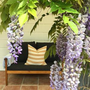 ein Sofa mit lila Blumen im Wohnzimmer in der Unterkunft Sandkaas Badehotel in Allinge