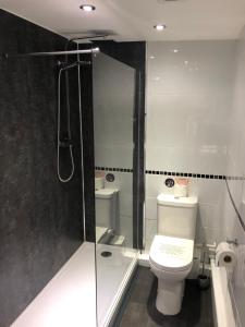 a bathroom with a toilet and a glass shower at The Dolphin Tavern in Penzance
