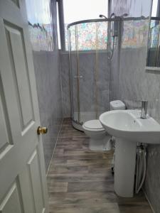 a bathroom with a sink and a toilet and a shower at NIRO's Hotel in Blackpool