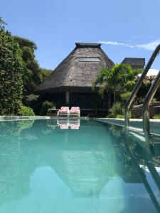 a resort swimming pool with a thatch roof at Oca House in Búzios