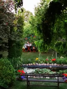 a garden with a bench and a pond with flowers at Jole in Rumšiškės