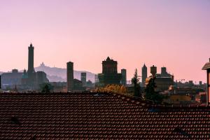 een dakterras met uitzicht op de skyline van de stad bij Skyline 1/7 B&B in Bologna