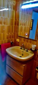 a bathroom with a sink and a mirror at ALOJAMIENTO ENTERO CON PISCINA Y JARDIN. in Ourense