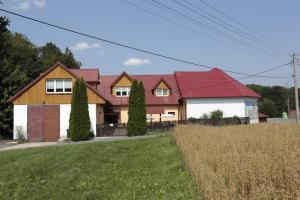 una casa con techo rojo en un patio verde en Penzion Na Cymbálku, en Horní Třanovice