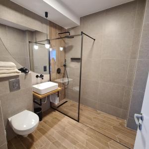 a bathroom with a shower and a toilet and a sink at City Apartment Anton Pann in Cluj-Napoca