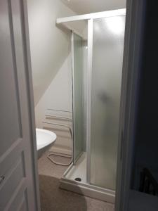 a glass shower in a bathroom with a sink at T3, 30 mn de PEYRAGUDES, ST LARY, VAL LOURON (65) : 04 personnes in Hèches