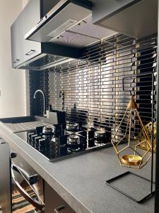 a kitchen with a counter with a stove top oven at Charme House Taormina in Taormina