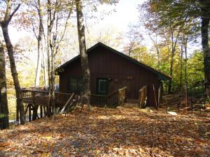 a cabin in the woods with leaves on the ground at Maple Chalet by VCI Real Estate Services in Beech Mountain