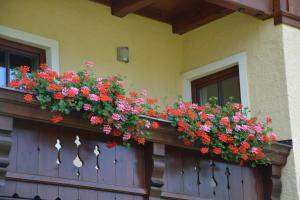 einen Balkon mit Blumen auf einem Zaun in der Unterkunft Appart Weisse Urlauben am Wolfgangsee in Sankt Gilgen