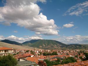 vistas a una ciudad con montañas en el fondo en Siatistino Archontariki, en Siátista