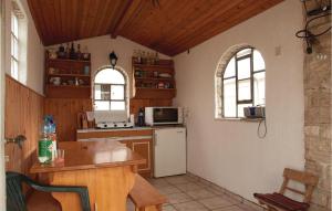 eine Küche mit einer Theke, einem Kühlschrank und 2 Fenstern in der Unterkunft Amazing Apartment In Stinjan With House Sea View in Štinjan