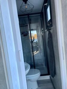 uma casa de banho com um WC e uma cabina de duche em vidro. em Unique Water Stay Tiny Hausboot für 2 Personen em Zehdenick