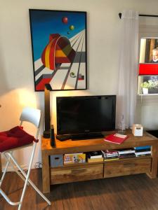 a living room with a television on a wooden table at Le Coin Barlouka in Veysonnaz