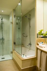 十月六日城的住宿－諾富特開羅酒店，带淋浴的浴室和玻璃门
