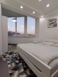 ein Schlafzimmer mit einem großen Bett und einem großen Fenster in der Unterkunft Hotel Vila Ličina in Gladno Polje