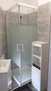 La salle de bains est pourvue d'une douche en verre et d'un lavabo. dans l'établissement Lhacienda, à Marseille