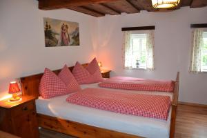 two beds in a bedroom with red pillows at Ferienhaus Häuslbauer in Schladming