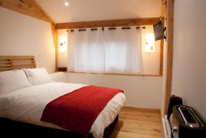Bull Farm Studios في وِنشستير: غرفة نوم بسرير وبطانية حمراء ونافذة