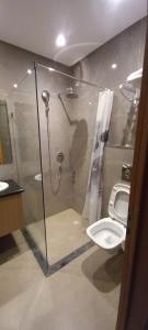 a bathroom with a shower and a toilet at Tiznit Hotel Samy B in Tiznit