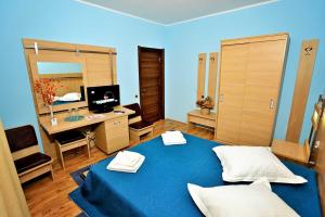 a room with a bed and a desk and a mirror at Complex Stejarul in Tuluceşti