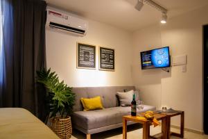 sala de estar con sofá y TV en Studio Arístides en Mendoza
