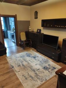 a living room with a television and a rug at Apartament w Supraślu in Supraśl