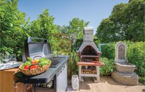 a barbecue grill with a basket of vegetables on a table at Amazing Home In Krsan With Sauna in Kršan