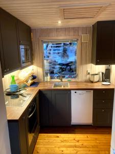 eine Küche mit einem Waschbecken und einem Fenster in der Unterkunft Bergen/Sotra:Waterfront cabin(s).Boat.Fish.Jacuzzi in Haganes