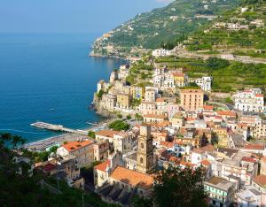an aerial view of a town next to the ocean at Villa Romana Hotel & Spa in Minori