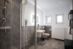 een badkamer met een douche, een toilet en een wastafel bij Q-Stall am Poppenberg in Brilon