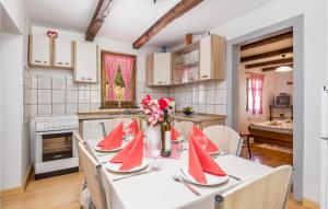 a kitchen with a table with red napkins on it at Stunning Home In Ribnik With 3 Bedrooms, Wifi And Outdoor Swimming Pool in Piščetke