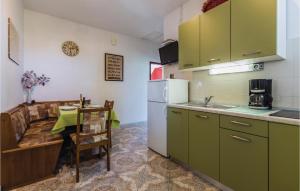 kuchnia z zielonymi szafkami, stołem i krzesłem w obiekcie Amazing Apartment In Novigrad With Wifi w mieście Novigrad