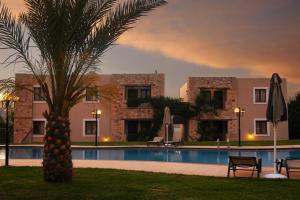 a villa with a palm tree and a swimming pool at Areti Aparthotel in Áptera