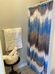 a bathroom with a shower with a basket and towels at Welcome to Columbia!-enjoy this tranquil space in Columbia