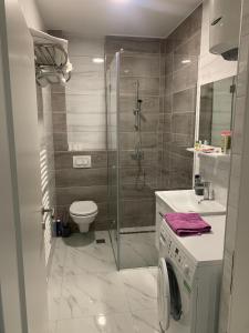 een badkamer met een douche, een toilet en een wastafel bij City Heez Apartman in Tuzla