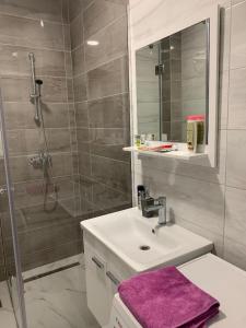 een badkamer met een wastafel en een douche bij City Heez Apartman in Tuzla