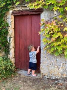 a little boy standing in front of a red door at Uniquely Private Holiday Villa in the Charente in Puyréaux