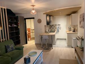 een woonkamer met een groene bank en een keuken bij Le moulin des 2 roues in Meung-sur-Loire