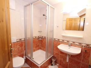 a bathroom with a shower and a toilet and a sink at Chalet apartment in Saalbach Hinterglemm in Saalbach-Hinterglemm