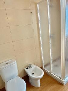 a bathroom with a shower and a toilet and a sink at Apartment Lecer 4 in Porta