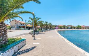 a sidewalk with palm trees next to a body of water at Gorgeous Home In Bibinje With House Sea View in Bibinje