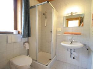 ein Bad mit einer Dusche, einem WC und einem Waschbecken in der Unterkunft Spacious Apartment with close to Skiing Points in Mittersill