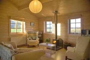 a living room filled with furniture and a fireplace at Lapwing, Skylark & Curlew Seaside Chalets in Kirkbean